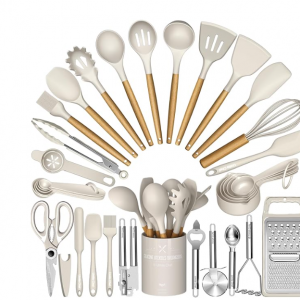 Umite Chef Silicone Kitchen Utensil Set, 34PCS Heat Resistant Kitchen Gadgets and Tools With Grater, Wood Handles for Nonstick Cookware
