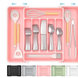 Extra Large Expandable Silverware Organizer, BPA-Free Food-Safe Cutlery Flatware Organizer, Kitchen Utensil Drawer Organizer, Adjustable Silverware Holder for Spoons Forks Knives, Pink