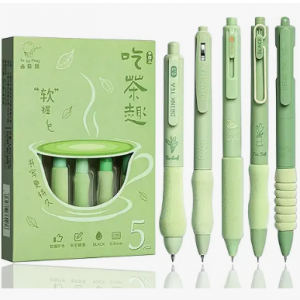 Cute Gel Pens 5Pcs Retractable Quick Dry Ink Pens 0.5mm Fine Point Black Ink Kawaii Smooth Writing Pens for School Office Supplies Aesthetic pretty pens (Green tea)