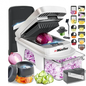 Mueller Pro-Series All-in-One, 12 Blade Mandoline Slicer for Kitchen, Food Chopper, Vegetable Slicer and Spiralizer, Cutter, Dicer, Grater, Kitchen Gadgets Sets with Container, White Sand/Gray