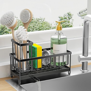 Cisily Black Sponge Holder for Kitchen Sink, Sink Caddy Organizer with High Brush Holder, Kitchen Countertop Organizers and Storage Essentials, Rustproof 304 Stainless Steel, Soap Dispenser Organize
