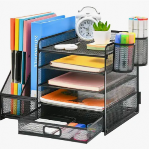 Marbrasse Desk Organizer with File Holder, 5-Tier Paper Letter Tray Organizer with Drawer and 2 Pen Holder, Mesh Desktop Organizer and Storage with Magazine Holder for Office Supplies(Black)