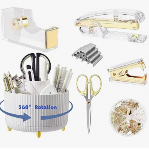 Desk Organizers and Accessories Set with 360-Degree Rotating Pen Holder, Acrylic Stapler, Tape Holder, Staple Remover, Binder/Paper Clips Kit, Scissor and 1 Box of Staples