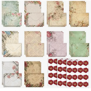 TaoBary 160 Pcs Stationery Paper Set 50 Double Sided Stationery Papers with 50 Matching Envelopes and 60 Round Dot Sticker, 10 Design(Vintage Floral,5.5 x 8.25 Inch)